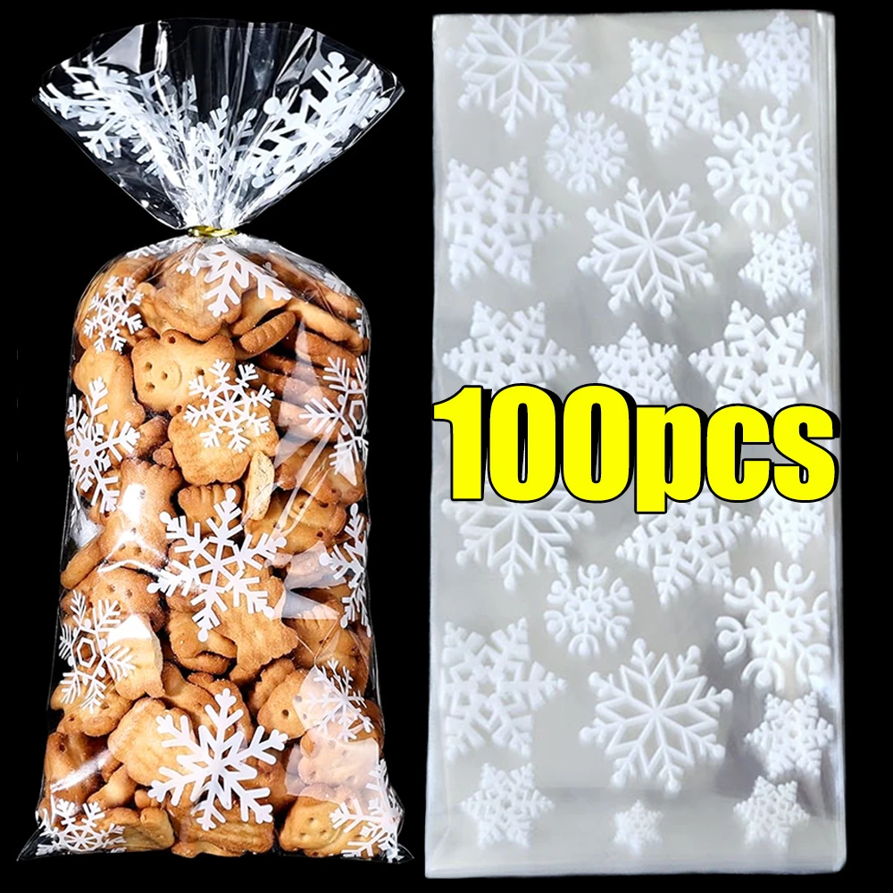 Snowflake Candy Bags Christmas Transparent Cookie Popcorn Packaging Plastic Bag Xmas Party Decorations Gift Bags for Children