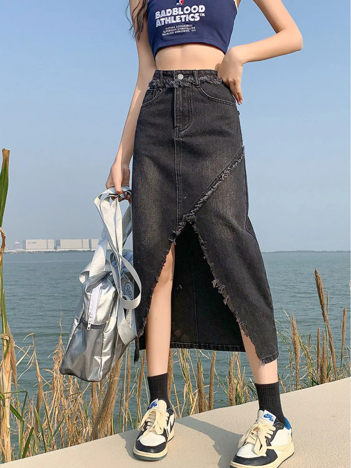 Women's High Waist Denim Skirt A-Line Midi Skirt High Slit Raw Hem Distressed Vintage Jean Skort Y2K Streetwear view 6