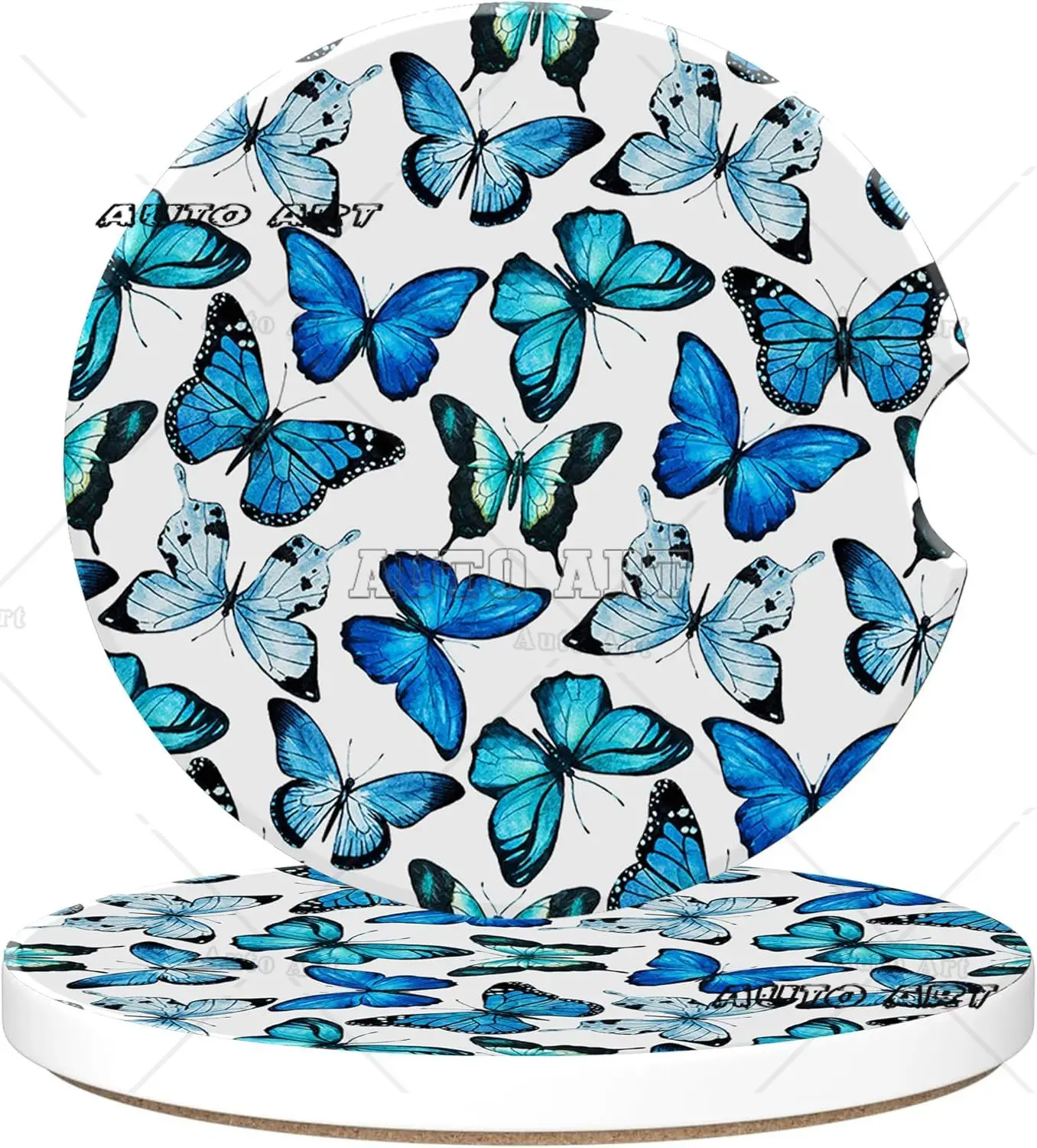 

2 Pack Car Coasters for Cup Holder Blue Butterflies Anti-Slip Absorbent Ceramic Car Cup Coasters Cork Base for Drinks Coffee