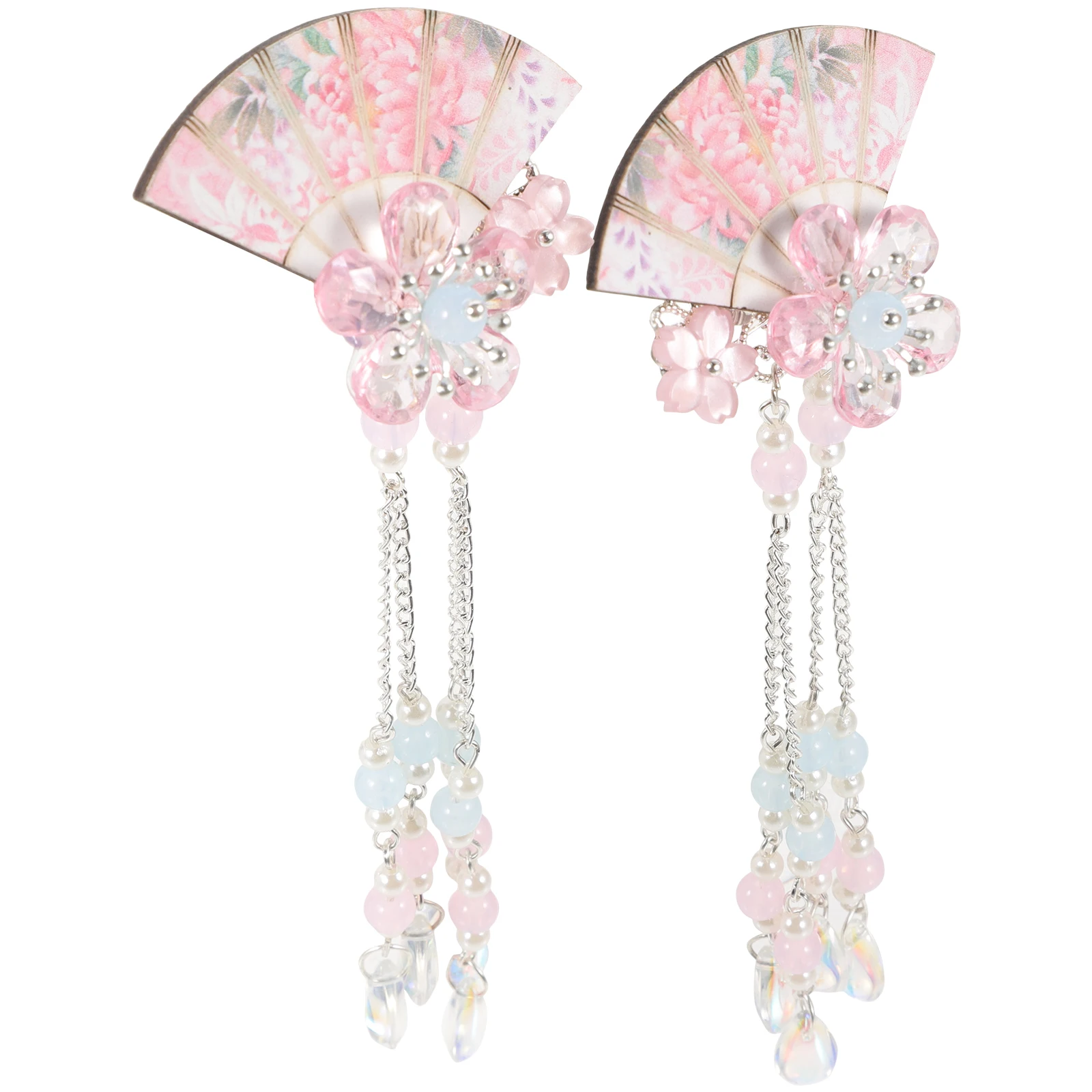 

2pcs Pink Hanfu Hair Accessories Flower Fan Design Tassel Drop Women Hairpins Crystal Material Photo Shoot Party