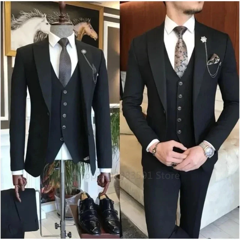 3 Pieces New Business Khaki Formal Men's Slim Fit Suits  Wedding Groom Prom Terno Masculino Custom Blazer Jacket Vest Pant Sets