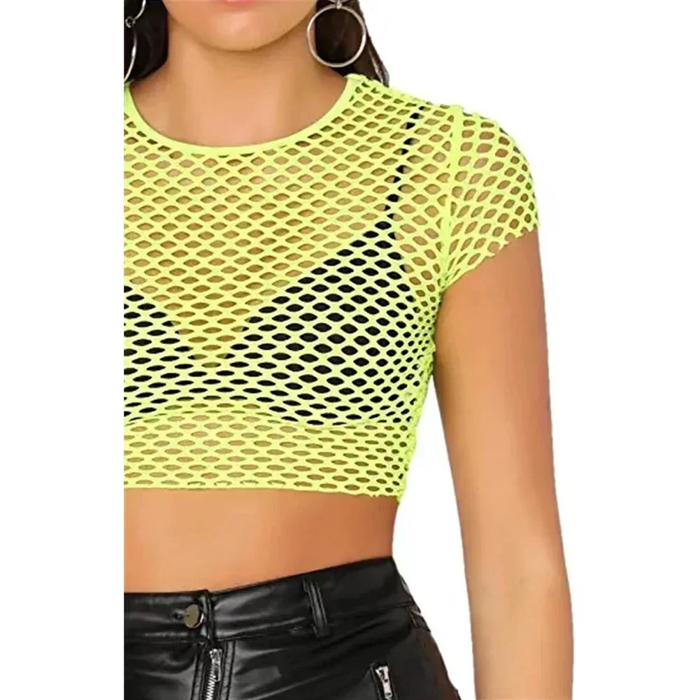 Fashionable Women\'s Sheer Mesh Fish Net Short Sleeve Crop Top T Shirt Blouse in White Black Fluorescent Yellow