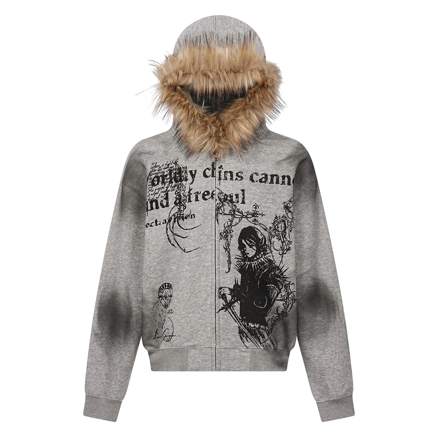 American Vintage Distressed Hooded Plush Design Sweatshirt Unisex Streetwear US EU New Fur Collar Hoodie