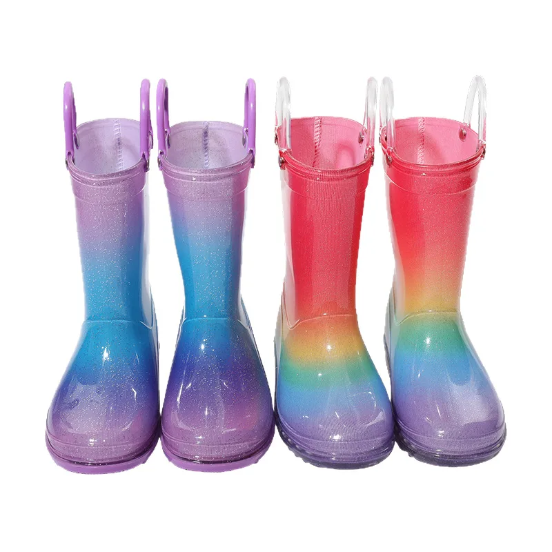 Boys Girls Children Play Water Slip-resistant Waterproof Handles Casual Boots Kids Mid-calf Rainbow Rubber Sole PVC Rain Boots