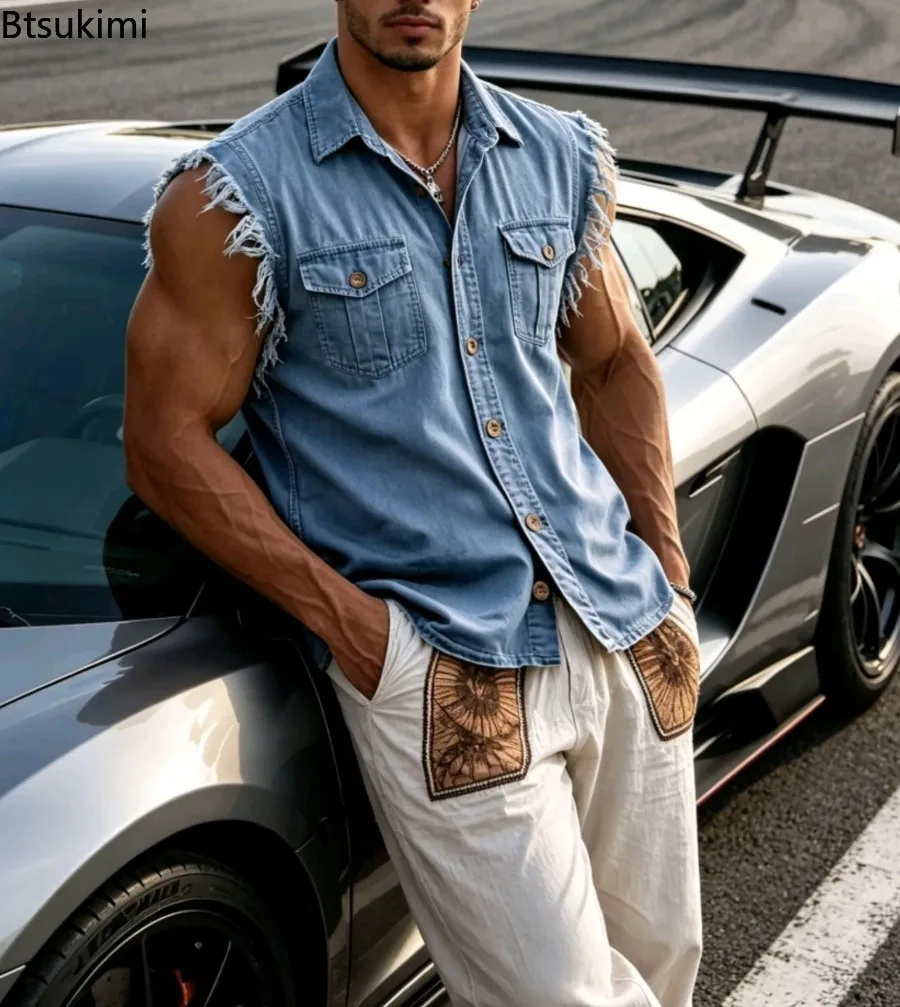 2026 Men's Retro Casual Denim Vest Top Summer Lapel Sleeveless with Frayed Edge Design Tank Top Loose-Fit Layering Sleeve Shirt