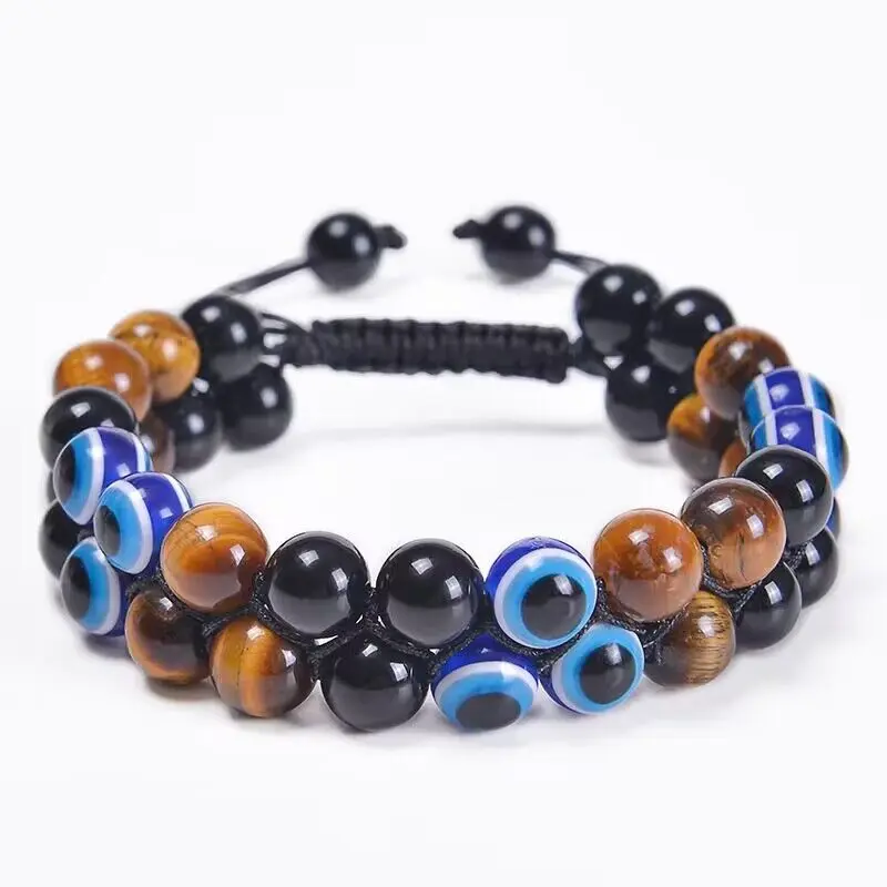 Triple Protection Bracelet for Men Women 8MM Black Obsidian Evil Eye Tigers Eye Hematite Healing Bracelets Bring Luck ,Happiness