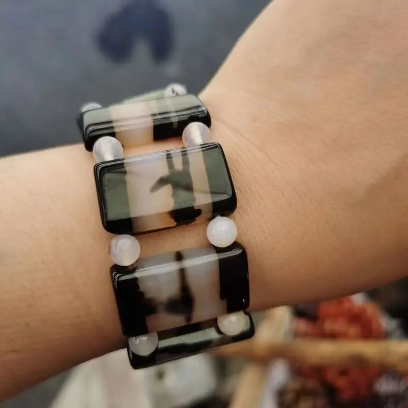 Agate Chalcedony Jewelry Men, Black And White Flower Jade Bracelet Accessory 4