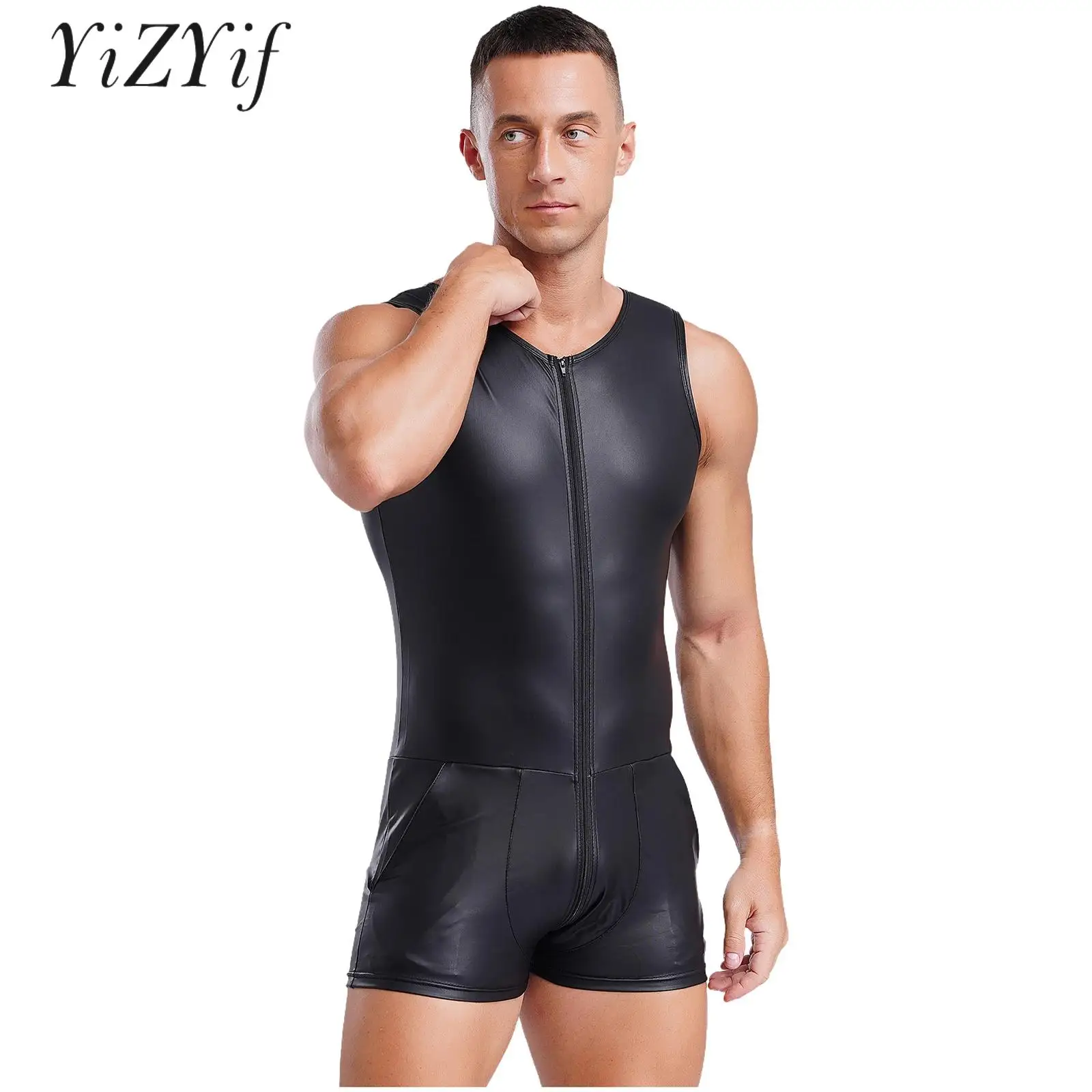 Men Sexy Clubwear Bodysuit Nightclub Pole Jazz Dance Disco Party Stage Costume Shorty Playsuit Zipper Crotch Jumpsuit Tempting