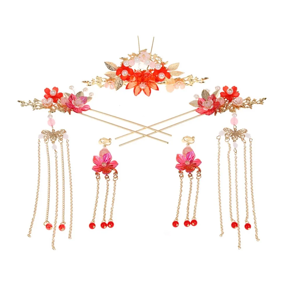 

Jewelry Flower Bridal Headwear Alloy Plastic Wedding Hair Sticks Tiaras U-Shape Earrings Hairpin Set Girl