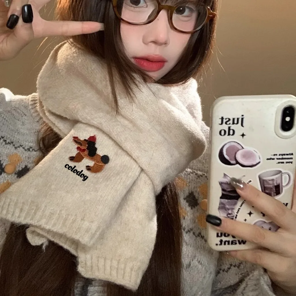 

Warmth Knitted Scarf Women's Fashionable Cute Embroidered Dog Design Autumn Winter Accessory Versatile Stylish Neck Warmer