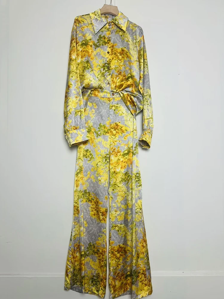 

Прямая рубашка с лацканами в стиле ретро, комплект из двух предметов для осенней женской одежды 2025 + комплект свободных широких брюк с высокой талией