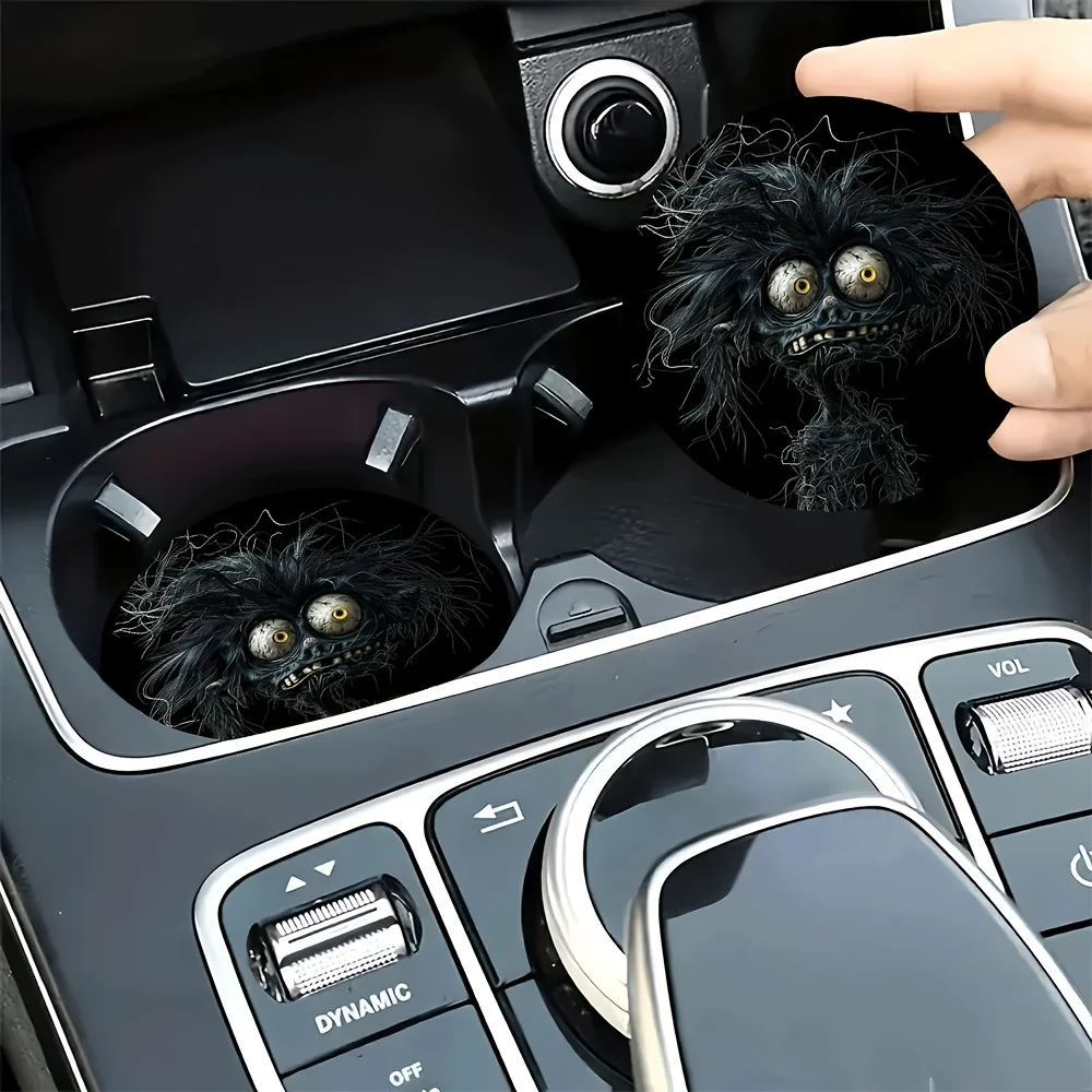 2pcs Midnight Fantasy: Split-Iris Phantom Themed Printed Car Coasters - Durable Non-Slip Car Cup Holder Mats With Cute And Cool