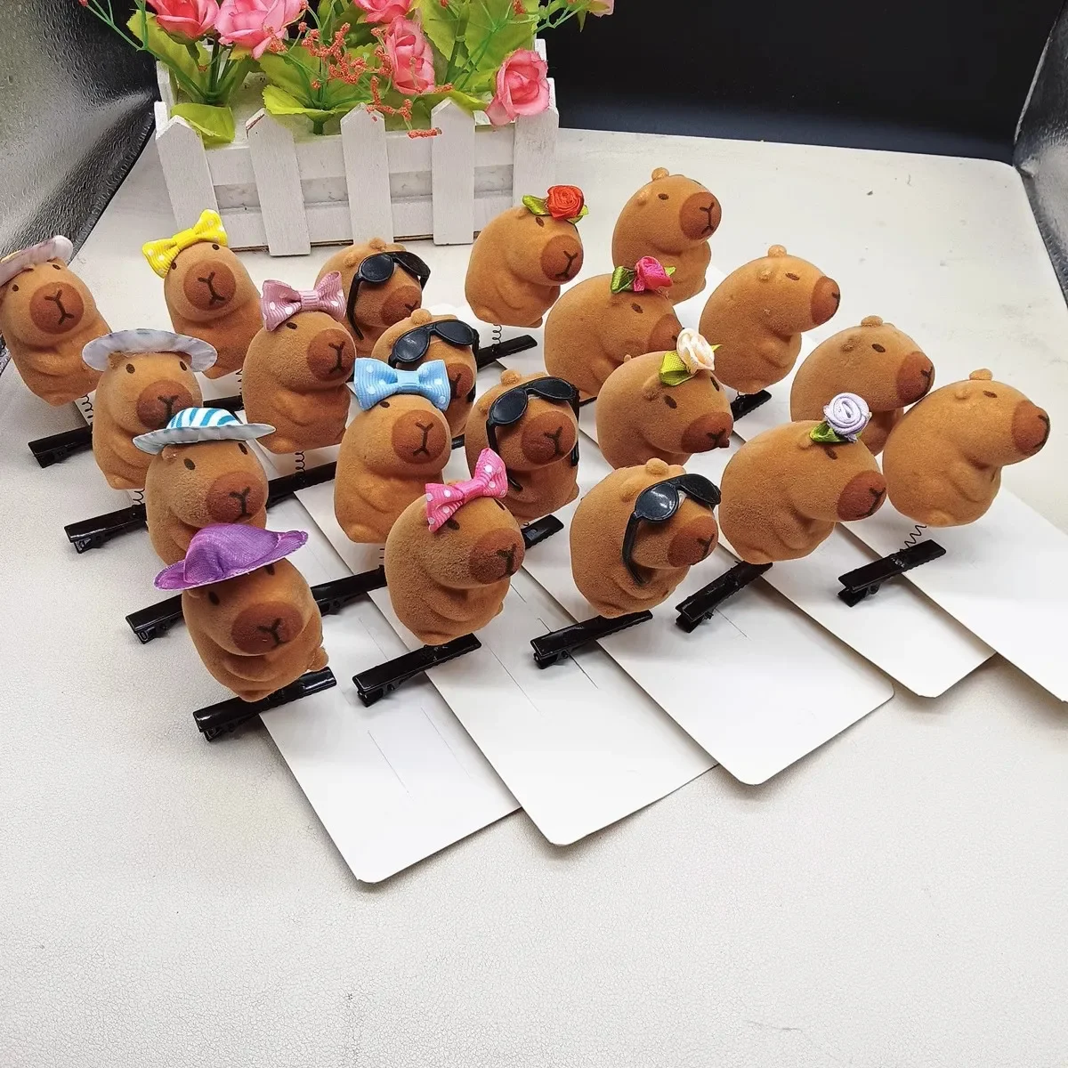 20pcs Kawaii Hair Clip Fashion Children Bow 3D Capybara Animal Plush Hairpin Funny Style Duckbill Clips Headdress Gifts