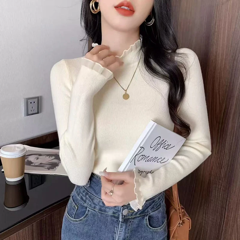 

Fashion Ruched Knitted Sweater Women Autumn Chic Half Turtleneck Slim Long Sleeve Pullover Korean Solid All Match Lady Jumper
