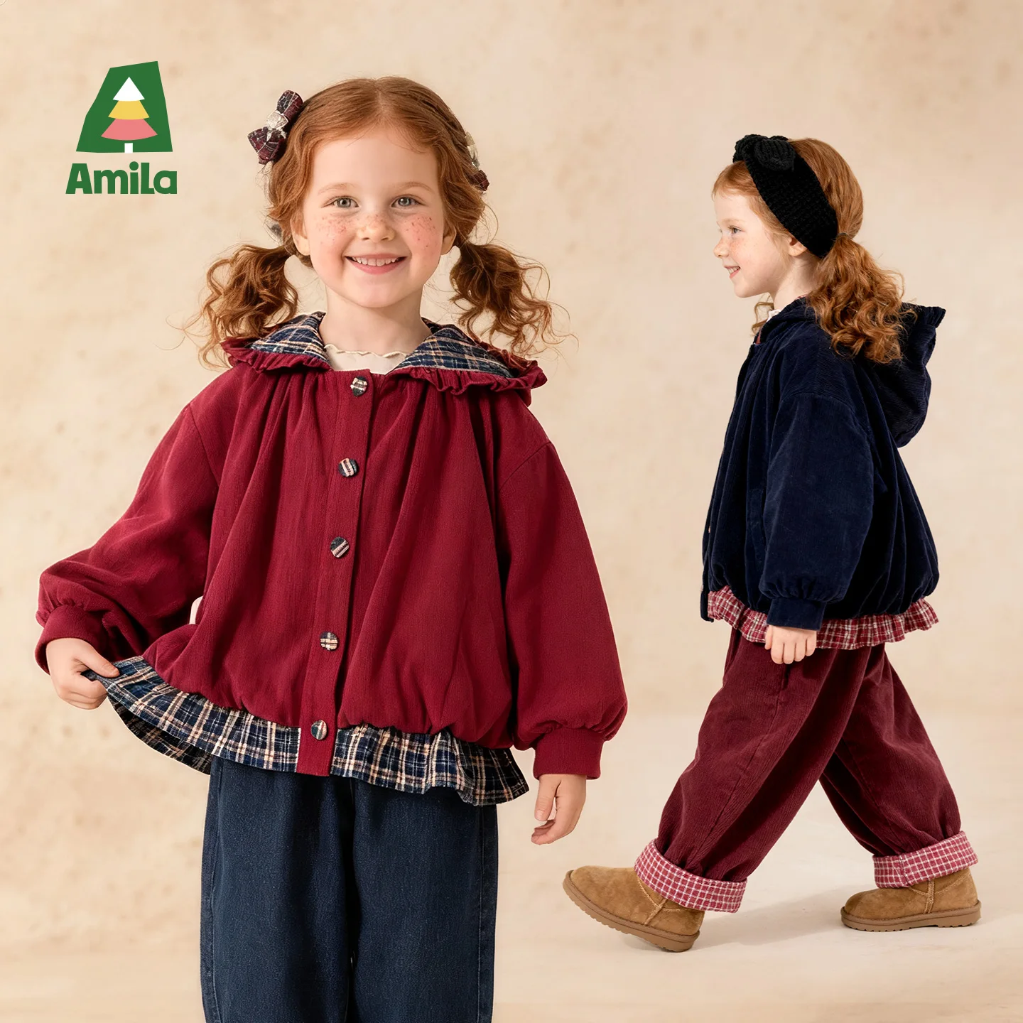 

Детская зимняя детская куртка с капюшоном Amila, клетчатым лоскутным воротником и пуговицами, утолщенная и теплая