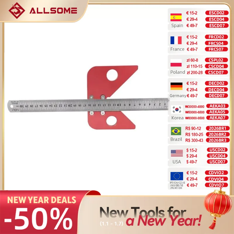 ALLSOME Centro di Lavorazione Del Legno Scribe 45 Gradi Angolo di Linea Calibro di Legno Governato Carpenter Ruler Gauge HT2340