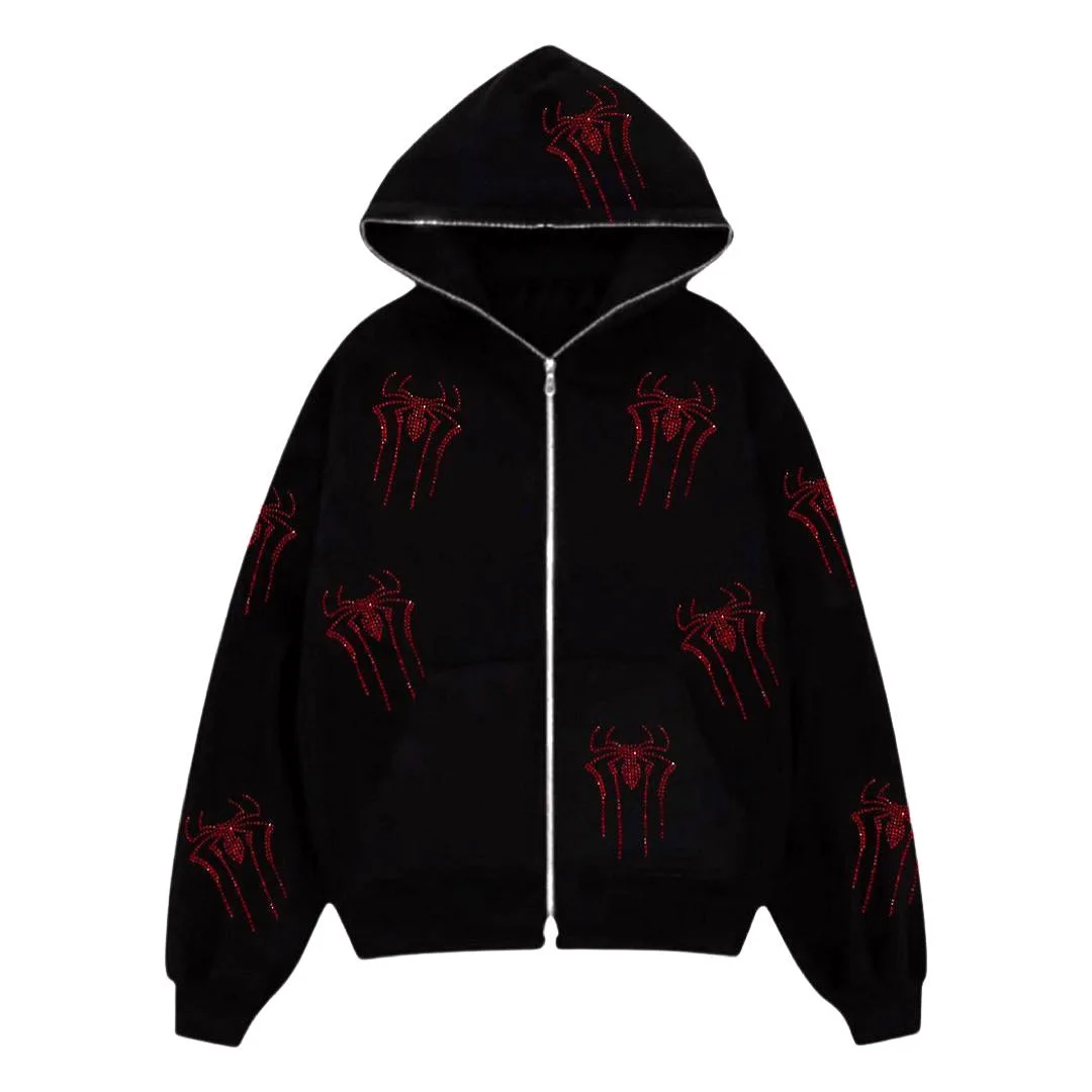 

Spider rhinestone print trendy brand cardigan jacket, European and American loose zipper hoodie, men's and women's hoodie