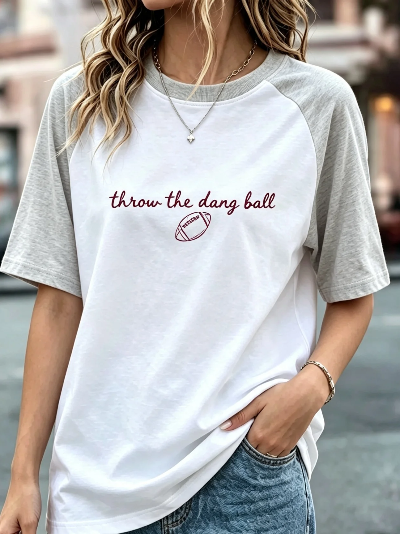 Throw The Dang Ball Minimal Football Script Graphic Raglan T Shirts, Women Color Block Contrast Short Sleeve Casual Football Game Day Tee
