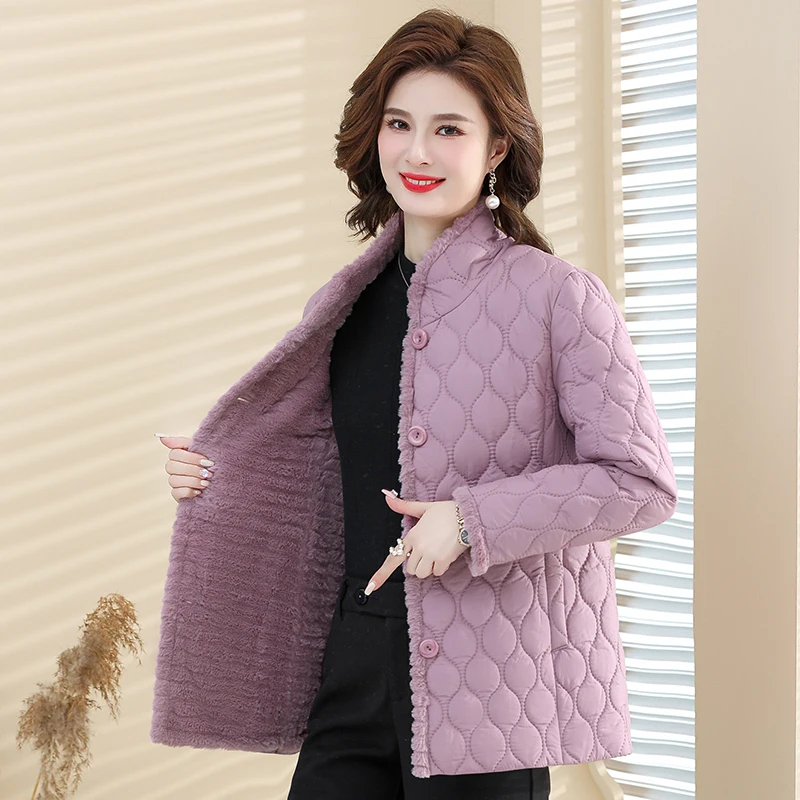 New Down cotton Padded Coat lapel Quilted Jacket Middle-aged Women\'s Coats Autumn Winter Plus Velvet Thick Warm Mother Outwear