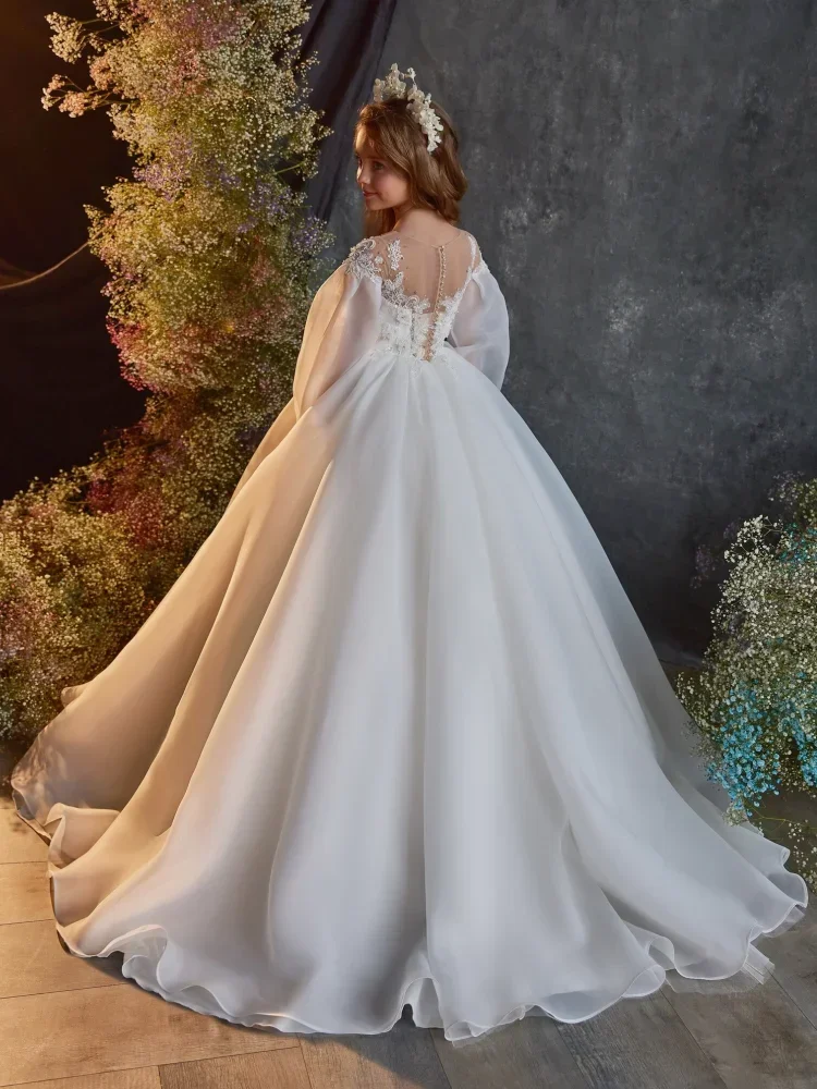 Flower Girl Dresses White Satin Appliques With Rhinestones Beads Big Bow Long Sleeve For Wedding Birthday Banquet Princess Gowns