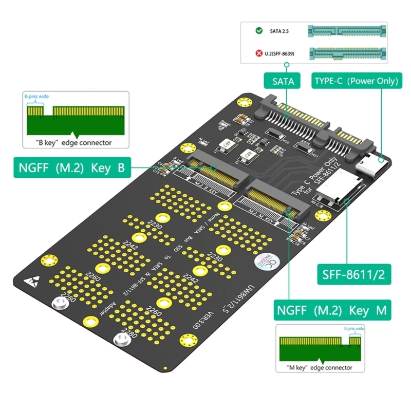 Fast Speed M.2 SATA3 Key to SATA3 and M.2 NVME M Key to SFF-8611 Converters Card for Data Transfer and Backup