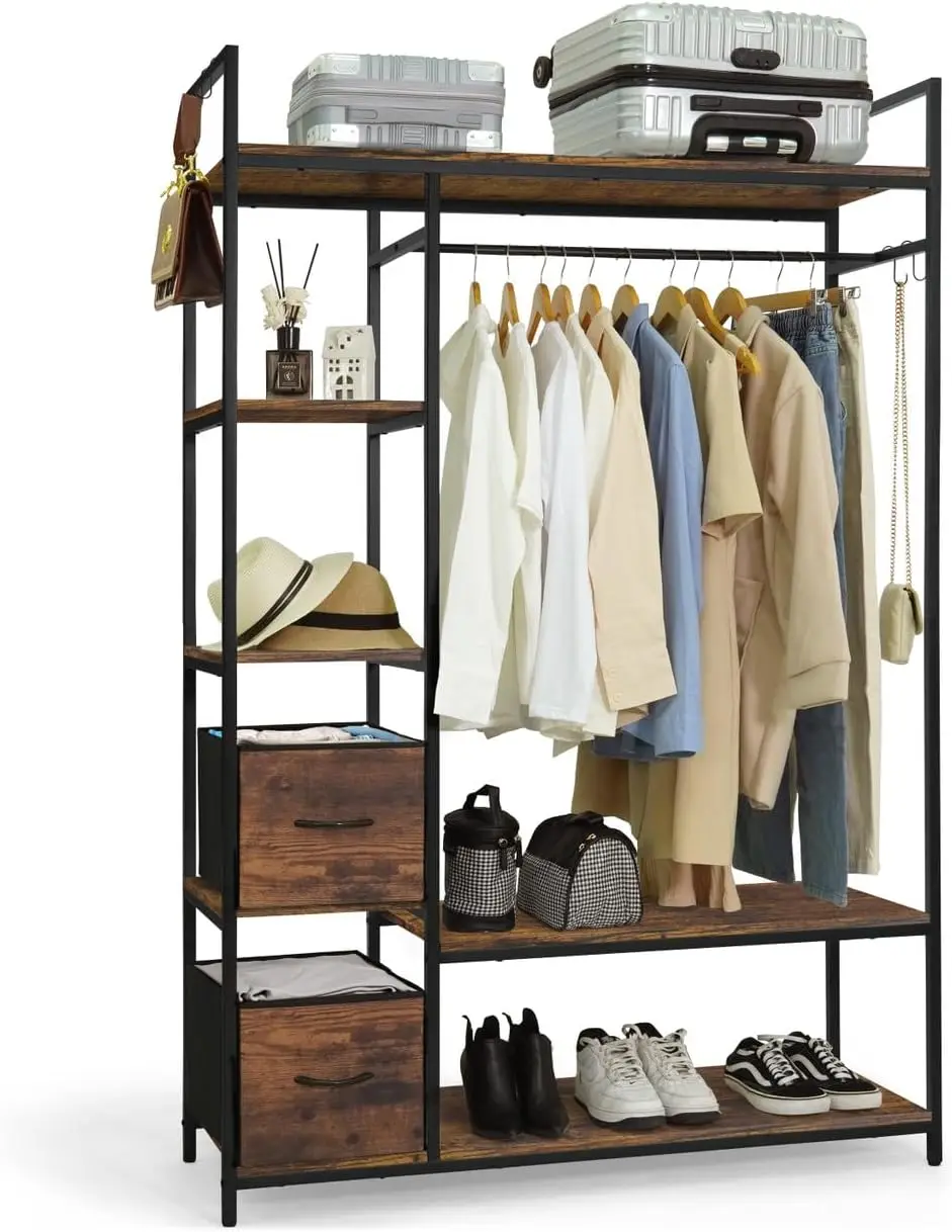 979lbs Capacity Garment Rack for Hanging Clothes, Heavy Duty Open Wardrobe w/Hanging Rods & Fabric Drawers, Free Standing Closet