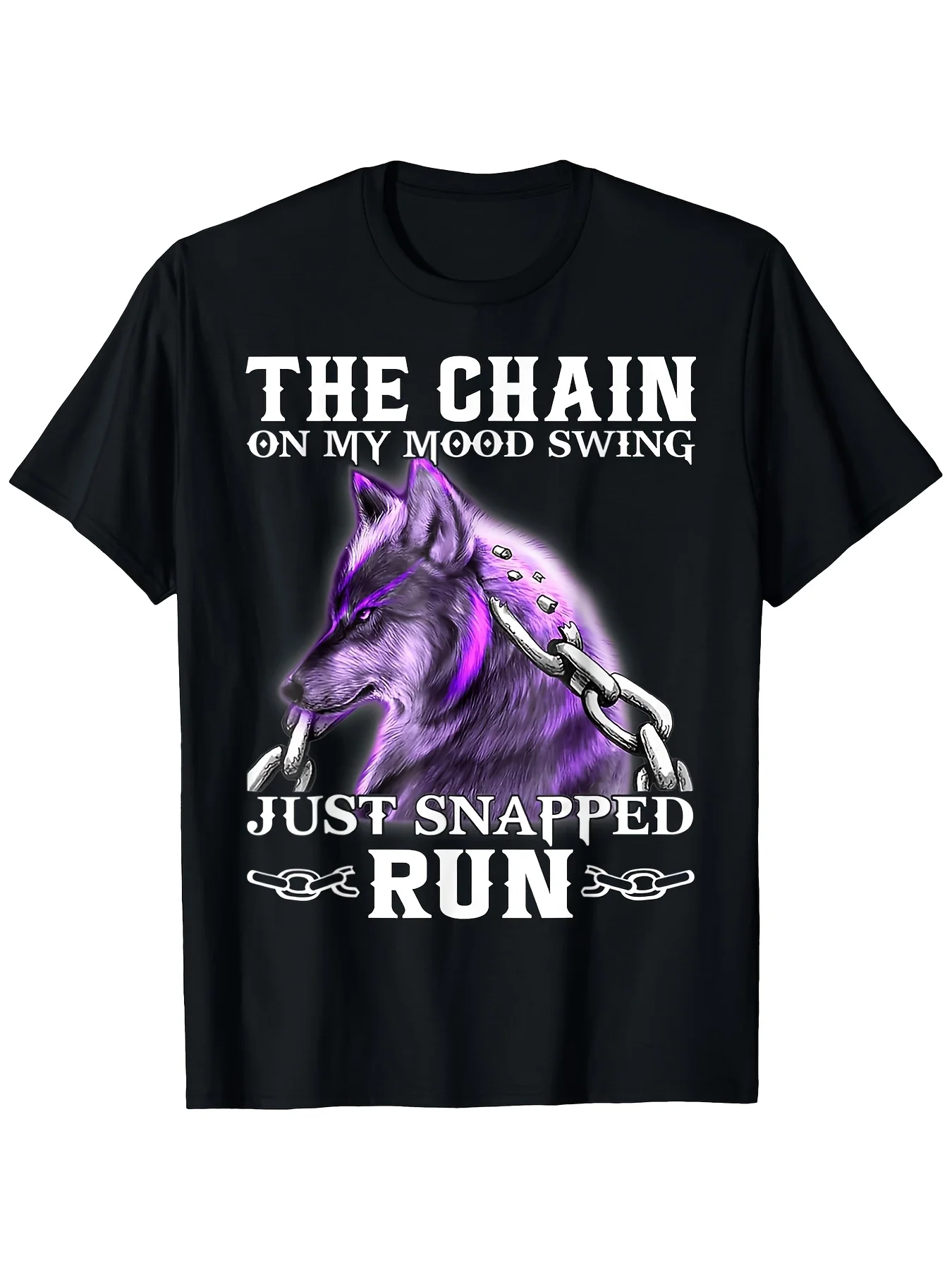 Men's Graphic T-Shirt - the Chain on My Mood Swing Wolf Design, Casual Round Neck Short Sleeve, Black with Purple & White Print, 100%, S-Xxxl, Wolf t Shirt, Seasonal Casual and Trendy Men, Round Neck High Street Pure Short-Sleeved T-Shirt