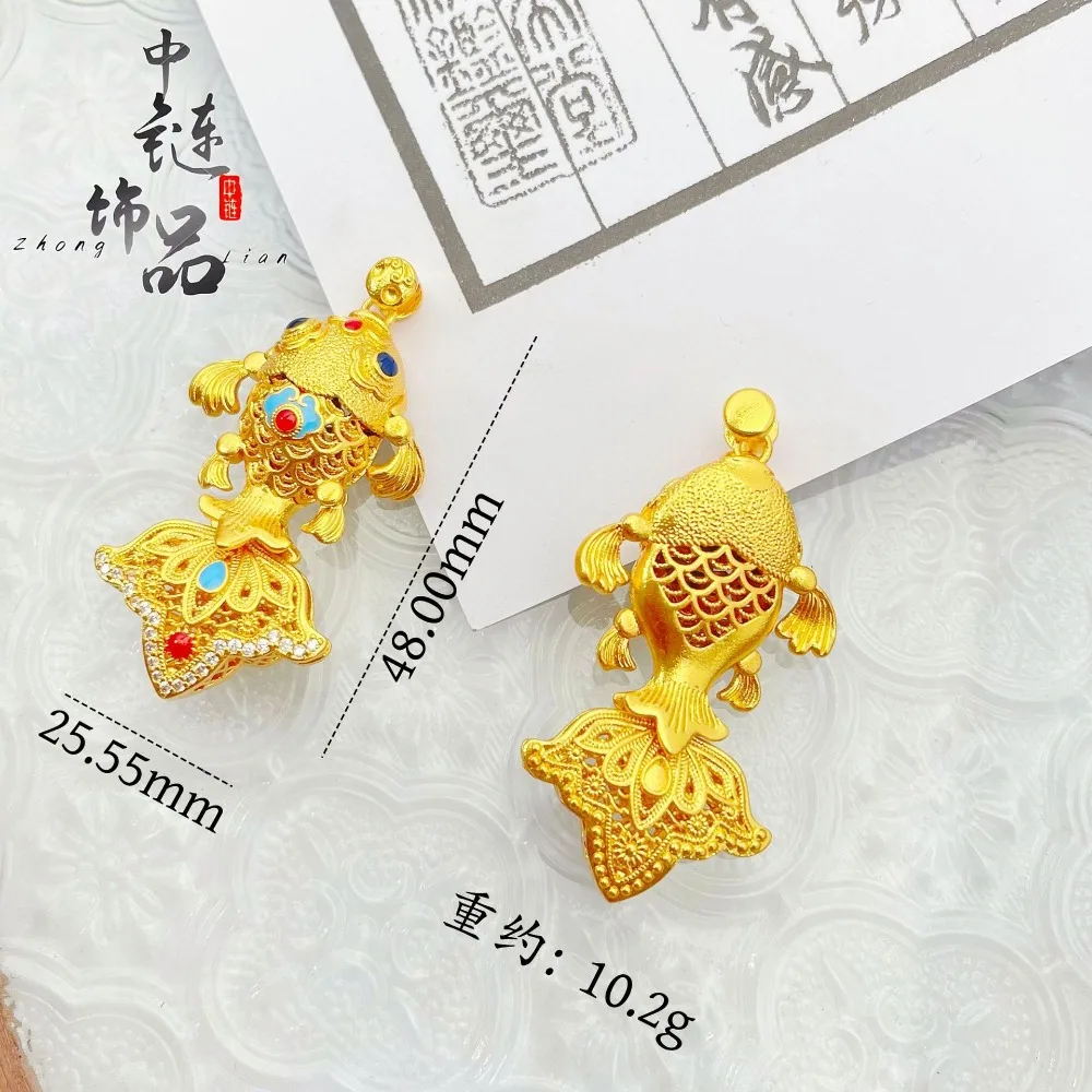 Enamel-colored flower wire gold-plated fish pendant with golden scales. New Chinese style diamond-encrusted gold carp. 9999gold