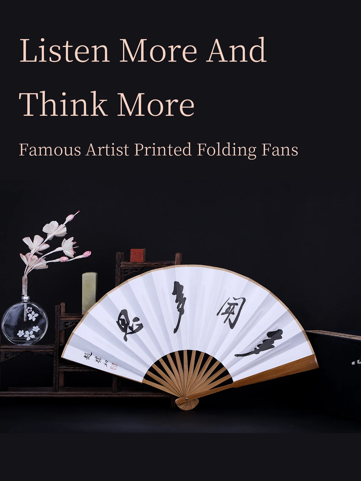 8 inches Traditional Chinese Hand Fan - Bamboo Frame, Ink Seal Art for Home Decor & Collection