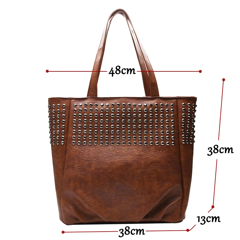 Women Shoulder PU Leather Bag Fashion Handbag Retro River Leather Ladies Shoulder Bag Large Tote Purse Women Handbag Tote Bags