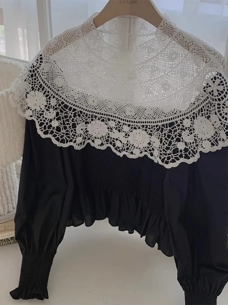 

Gagarich Korean Chic Autumn New Style Palace Style Hollow Lace Embracing Waist To Look Thin Long Sleeve Unique Shirt Women