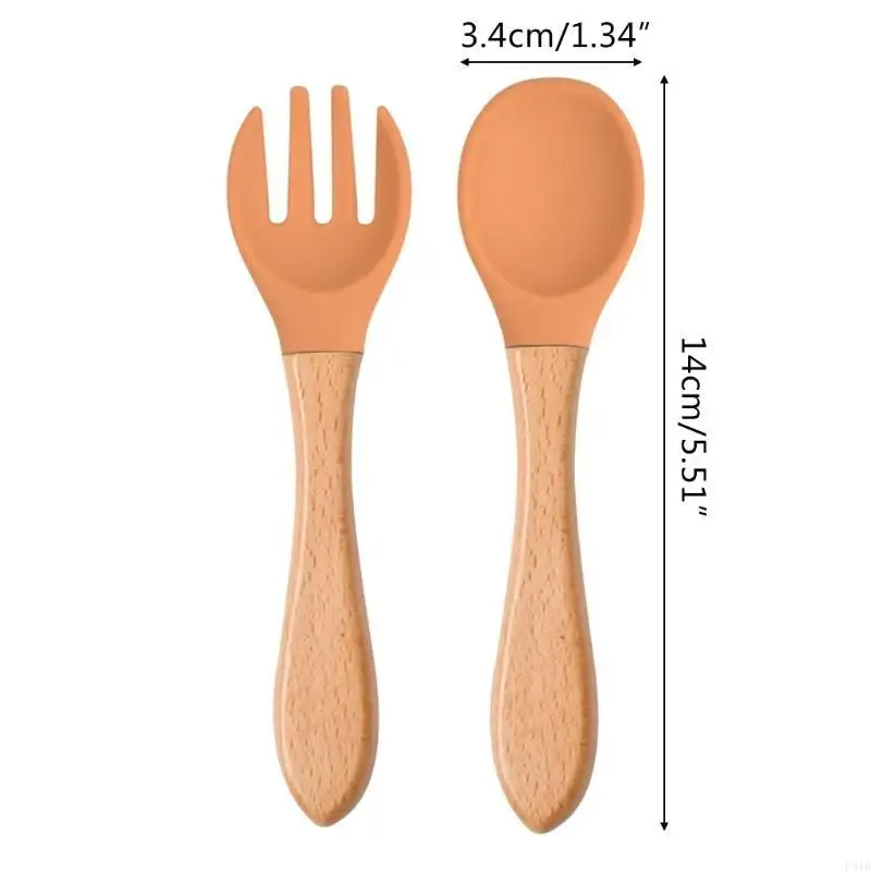 2 قطعة أطفال لينة سيليكون تغذية مقبض خشبي ملعقة شوكة الغذاء الصف أدوات المائدة P31B