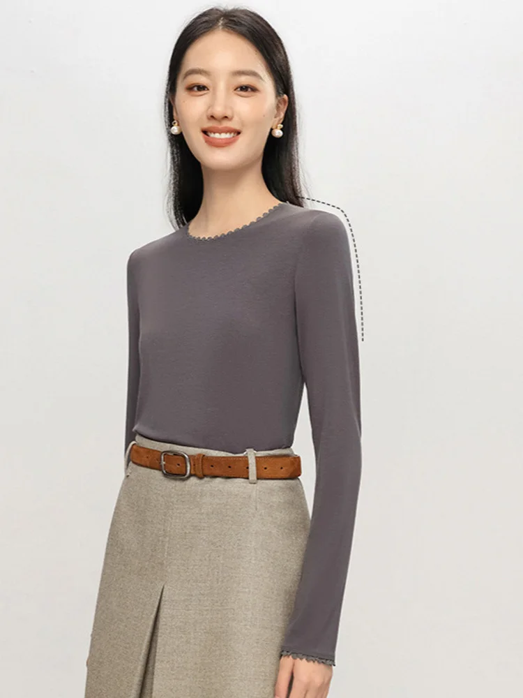 

Autumn Women Lace T-Shirt,Round Neck 6% Silk Long Sleeve Soft Slim Fit Basic Bottoming Tops