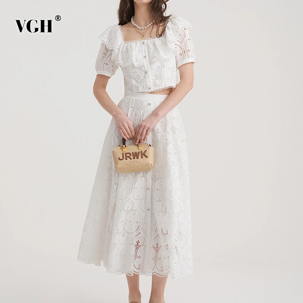 

VGH Hollow Out Slimming Elegant Solid Two Piece Sets For Women Square Collar Short Sleeve Top High Waist Skirt Cute Set Female
