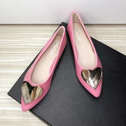 Women Flats with Heart Shape Pointed Toe Pu Leather Casual Shoes for Girls Size 33 34 42 43 44 Summer Spring Lady Shoes