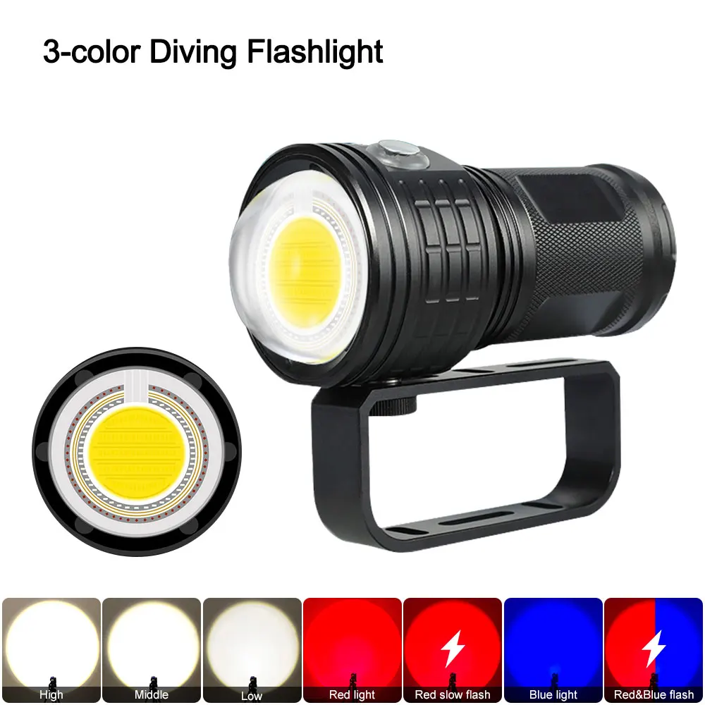 Multi-functional 3-color diving flashlight 80m underwater photography LED light IPX8 COB flashlight