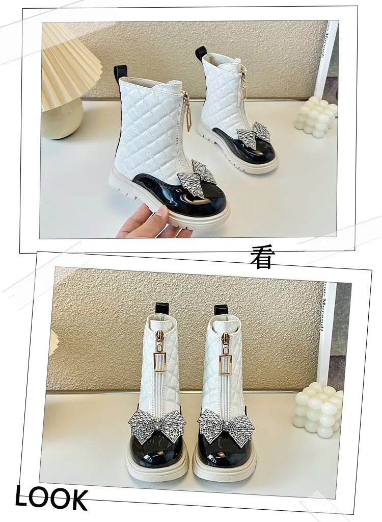 Neue Mädchen-Herbst-Winter-Stiefel mit Schleife und Karomuster, mittelhohe Stiefel mit seitlichem Reißverschluss, rutschfeste, kurze Stiefel, warme, weichsohlige, modische Stiefel für Kinder. – Detail 12