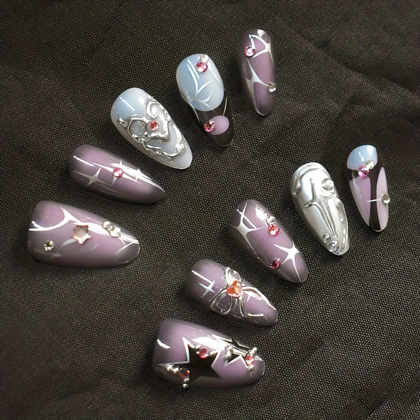 10 قطعة Y2K الفتيات اليدوية الصحافة على الأظافر نجمة فضية تصاميم أحمر الخدود الوردي اللوز السحر الأظافر وهمية لامعة الماس ديكور رسومات أظافر #2