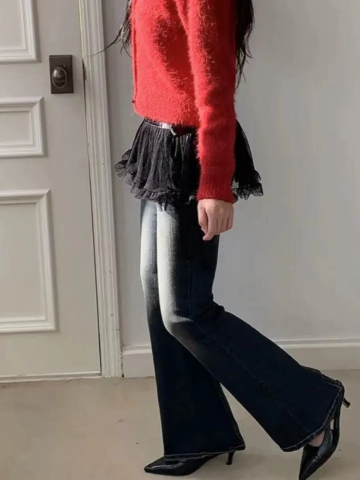 Korean Style High Waist Mesh Polka Dot Puffy Skirt with Ruffle Belted Short Women's Spring Layered Skirt Bells Curtain