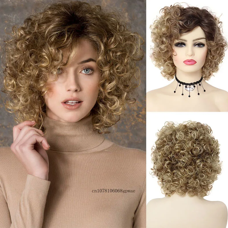 

Synthetic Bob Wig Short Female Dark Root Ombre Blonde Wigs for Women Afro Curly Wig Natural Fluffy Daily Ladies Wig with Bangs