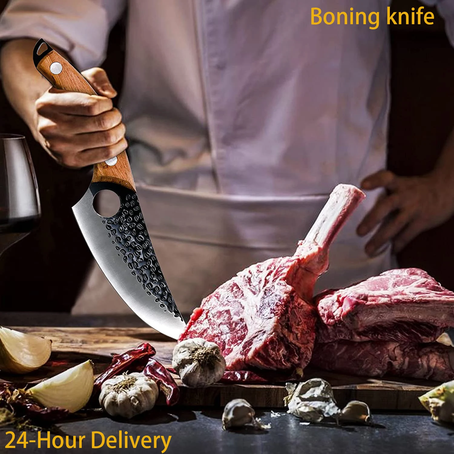 Forged Hammered Stainless Steel Kitchen Knife Meat and Vegetable Cutting and Boning Knife Solid Wood Handle with Leather Case