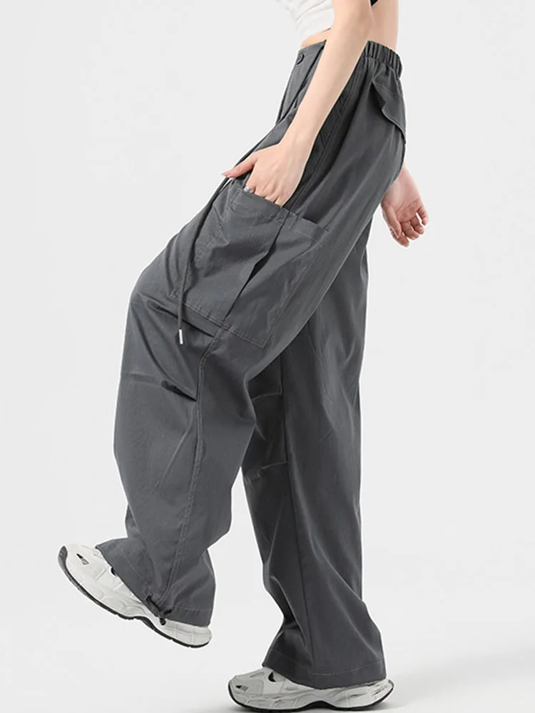 Korean Design Loose Thicken Cargo Pants Winter Warm High Waist Lace Up Straight Pantalones Women Casual Velvet Lined Calca New
