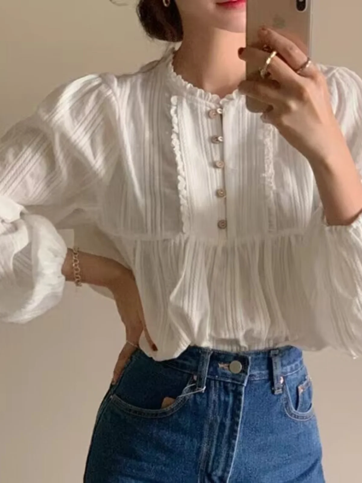 

Sweet Sle Long Sve irt Women's Chic Gently Pleated Lace Design Spring Autumn Versatile Top Pure Color Bloom Collar Lan...
