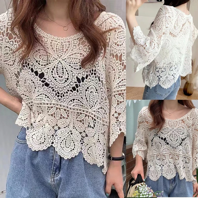 Summer Hollow Out Crochet Knit Floral Pullover T-Shirt See-Through Crewneck Flared 3/4 Sleeve Crop Top Shrug for Women