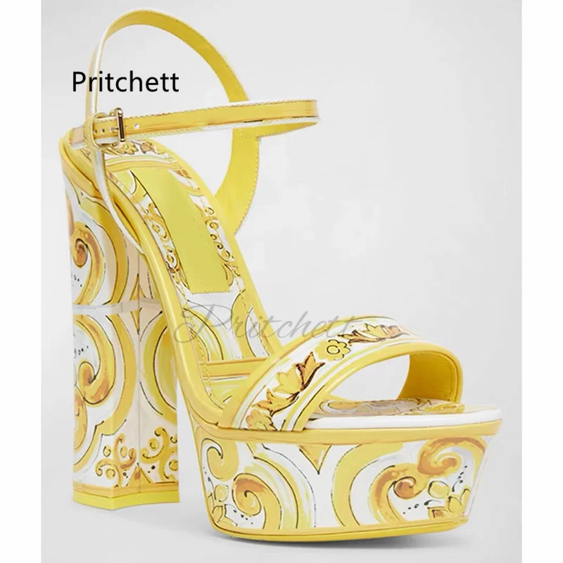 Bohemian Chunky High Heels Women's Sandals Yellow Prints Platform Shoes Summer Open Toe Buckle Strap Vacation Catwalk Shoes