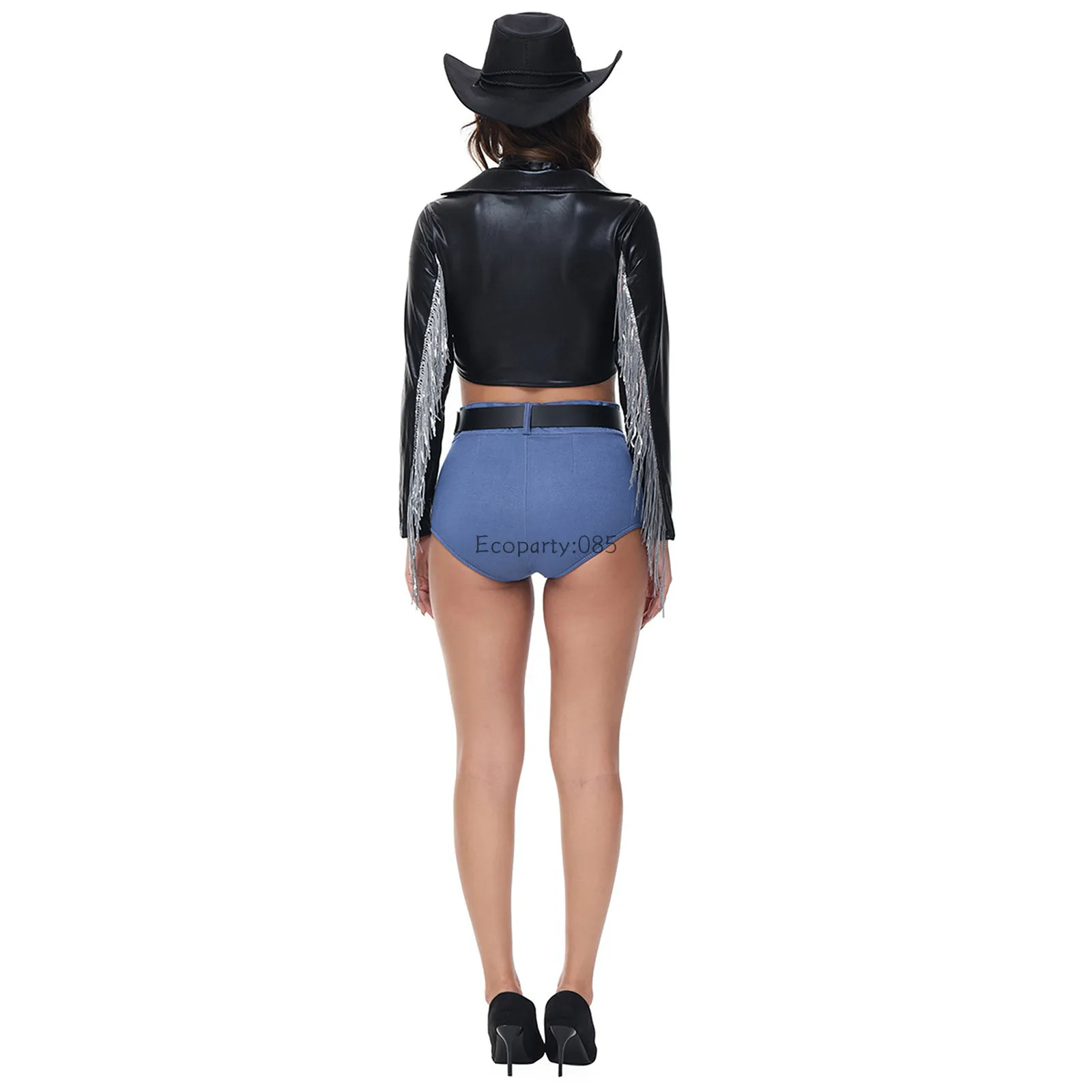 Sexy Singer Disco Western Cowboy Costumes Tassel Drama Stage Costume Halloween Party Sets Leather Long Sleeve Top Hot Shorts Hat