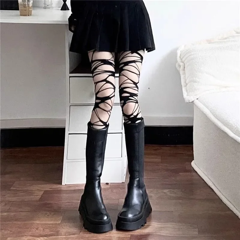 คู่โฮมเมดGothic Punkสไตล์ถุงน่องสาวร้อนSubculture Y2Kสีดําหลุมถุงน่องBottoming Pantyhose