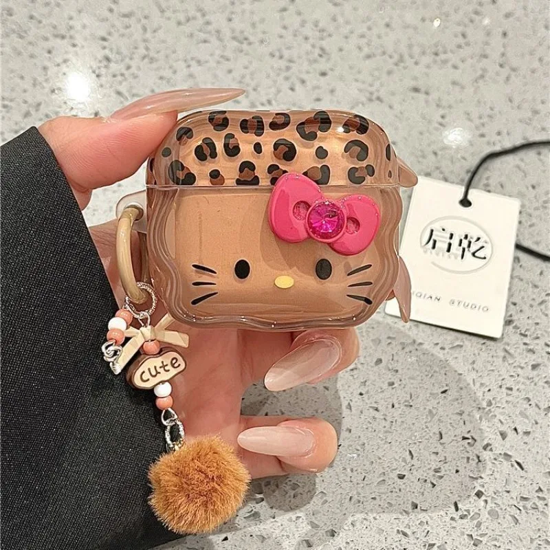 

Cartoon HelloKitty Leopard Print 3D Bow with Keychain Case for AirPods Pro 4 3 2 1 Pro Earphone Cover Protective Headphone Cover