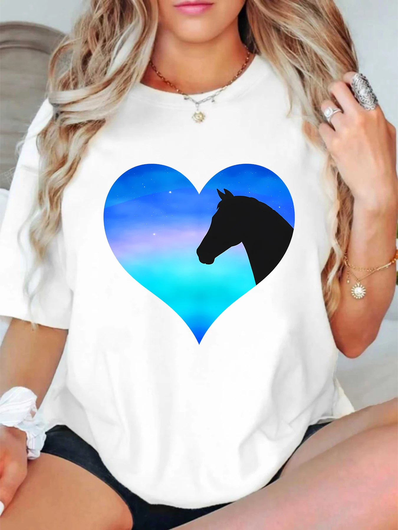 

【ZXH1140】Starry Sky Horse Printed Large Women's Round Neck Summer Casual Short Sleeve Street Fashion Versatile T-shirt