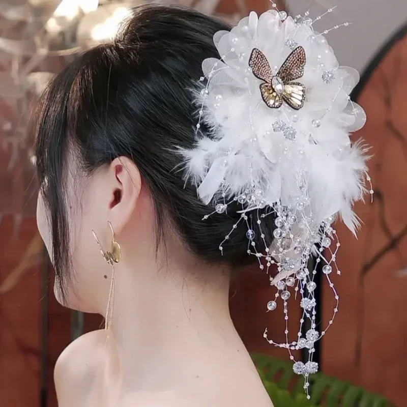 

Female New Headwear French Hairpin Flower Beads Butterfly Feather Women Party Hair Clip Ladies Hair Claw Hair Accessories